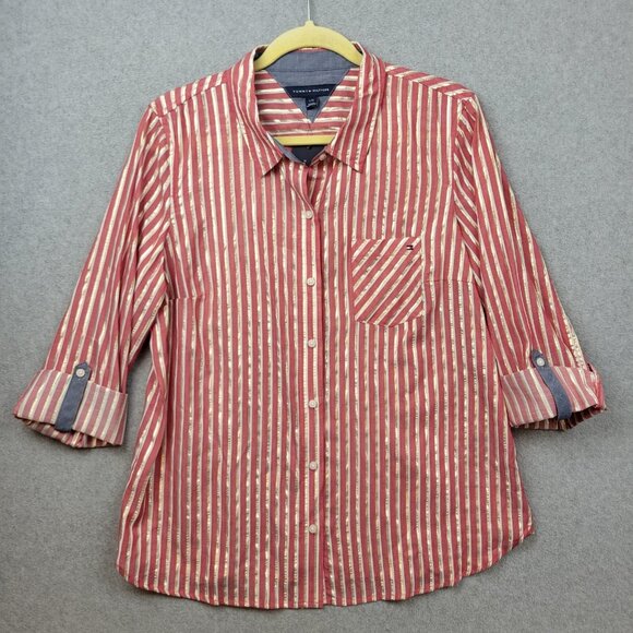 Tommy Hilfiger Heritage Shirt Womens Large Pink Stripes Button Down Long Sleeve - Picture 1 of 14
